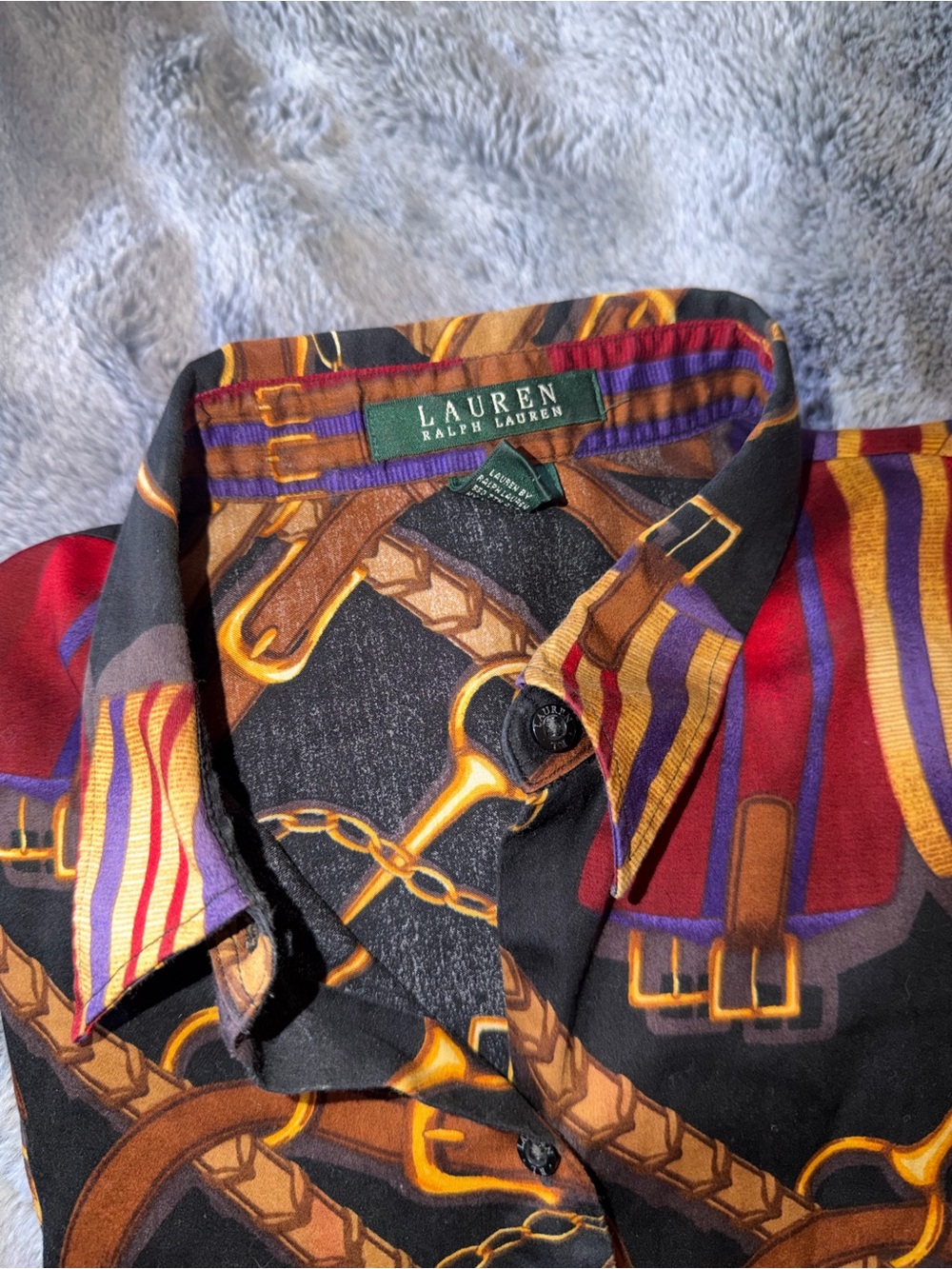 Lauren Ralph Lauren Shirt LG Equestrian Bridle Print Riding Button Down Blouse - Picture 2 of 6